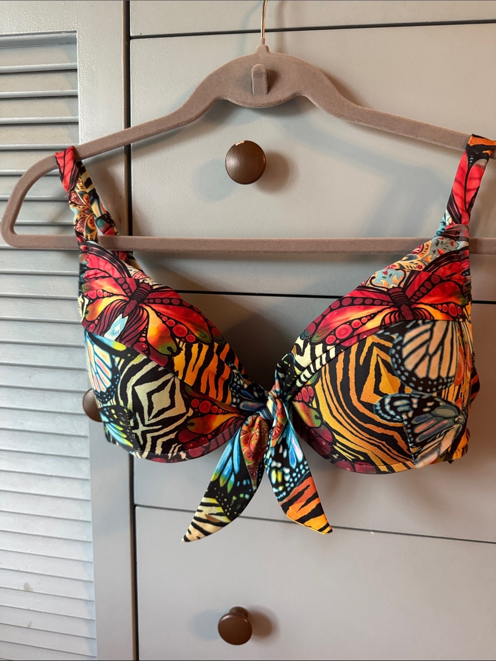 BECCA Multicolor Butterfly Print Bikini Top - Red, Orange, Yellow, Blue, Black